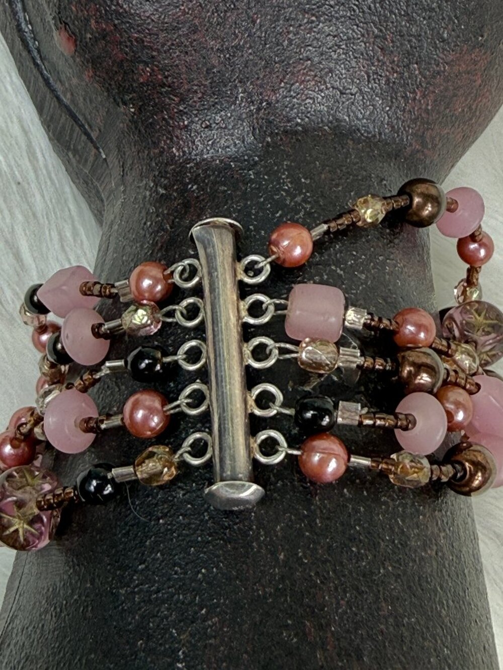 Real Pearl, Rose Quartz & Glass Bead Sterling Silver Five Strand Bracelet 6"